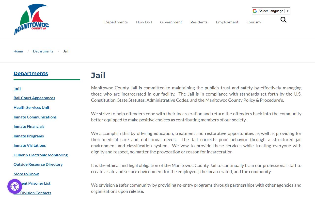Manitowoc County Jail facility and inmate lookup page