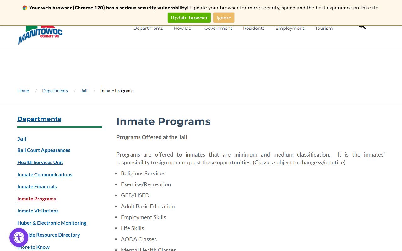 Manitowoc County Jail inmate programs and reentry services