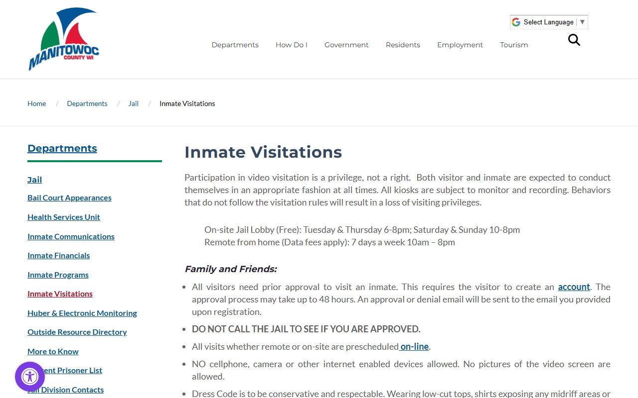 Manitowoc County inmate records video visitation schedule